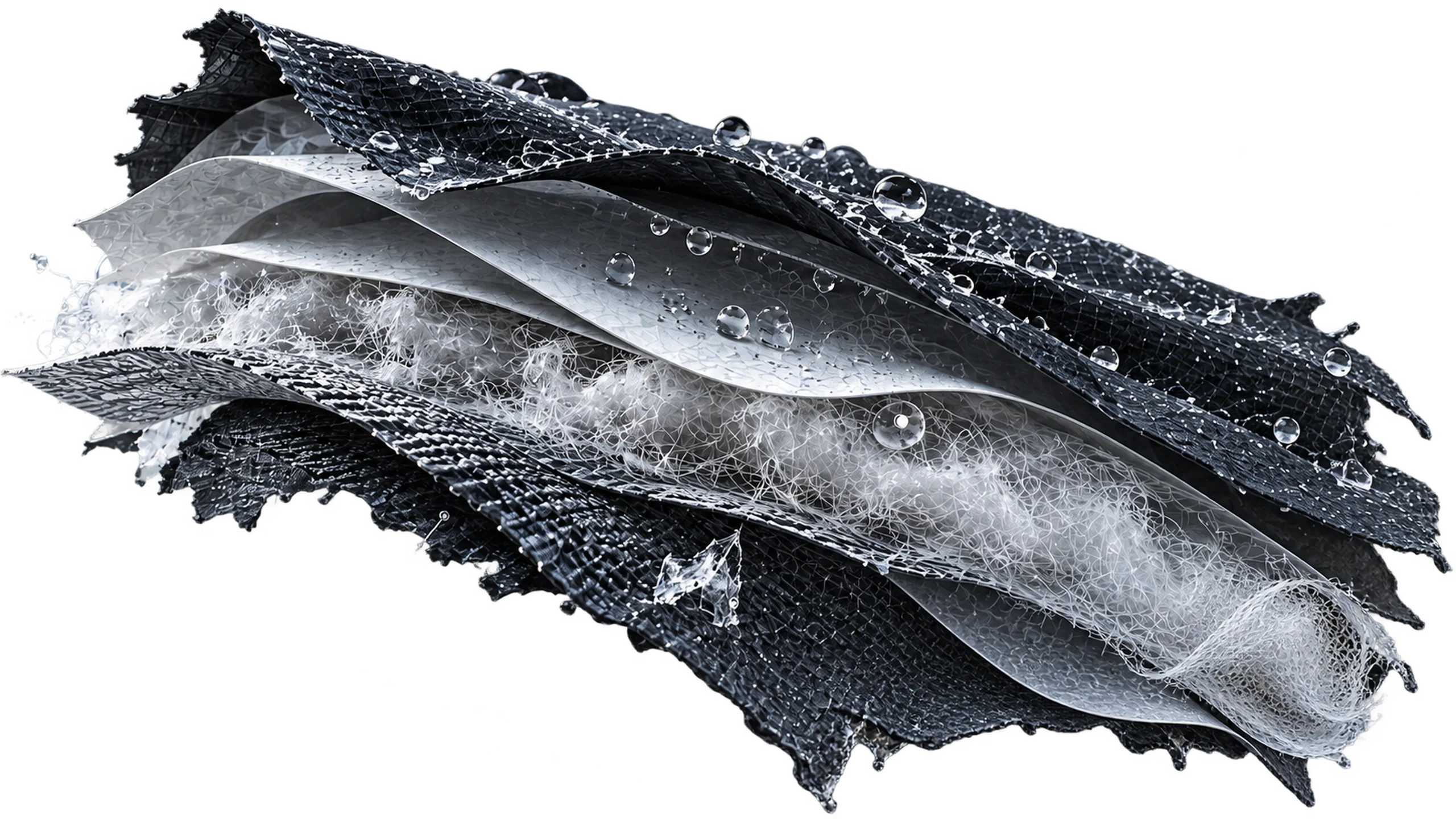 ALTURA shell in section: outer layer with water beading, white membrane, insulation fibres, lining