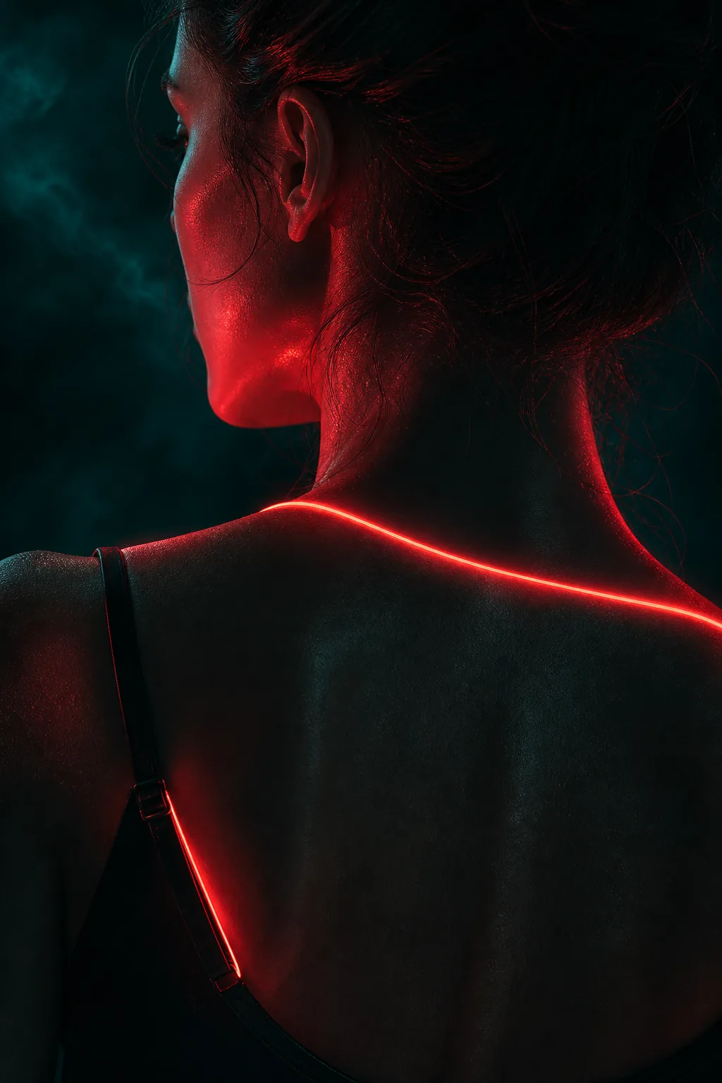 Close-up portrait in red neon light