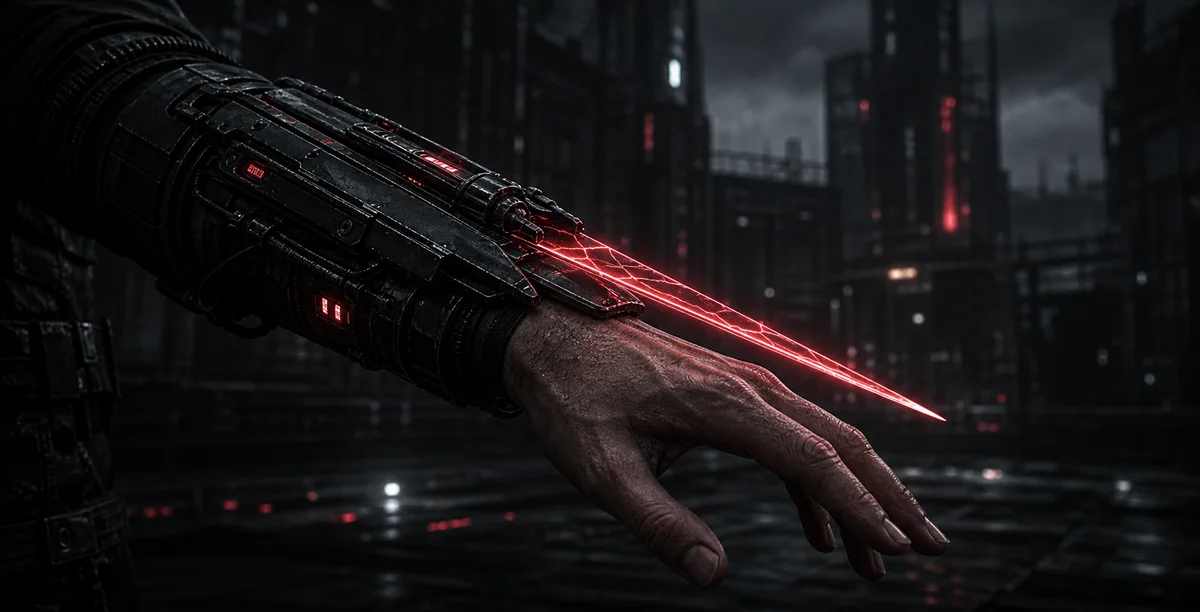 A close view of the plasma blade, its red edge burning.
