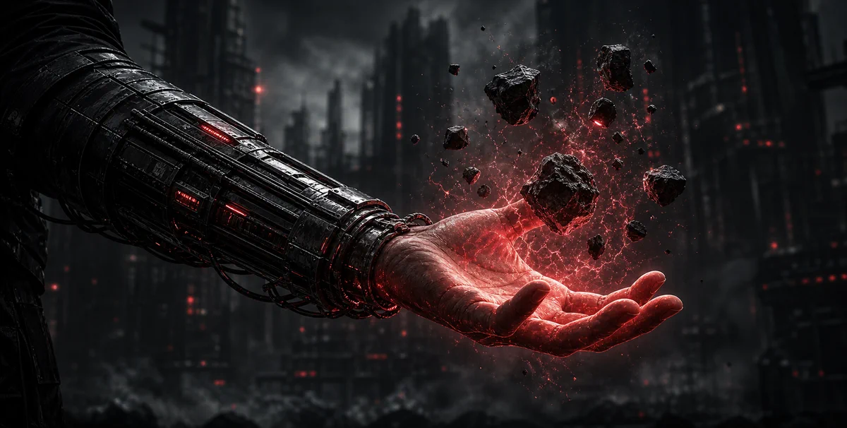 A bare hand tears rubble apart in a storm of red energy.