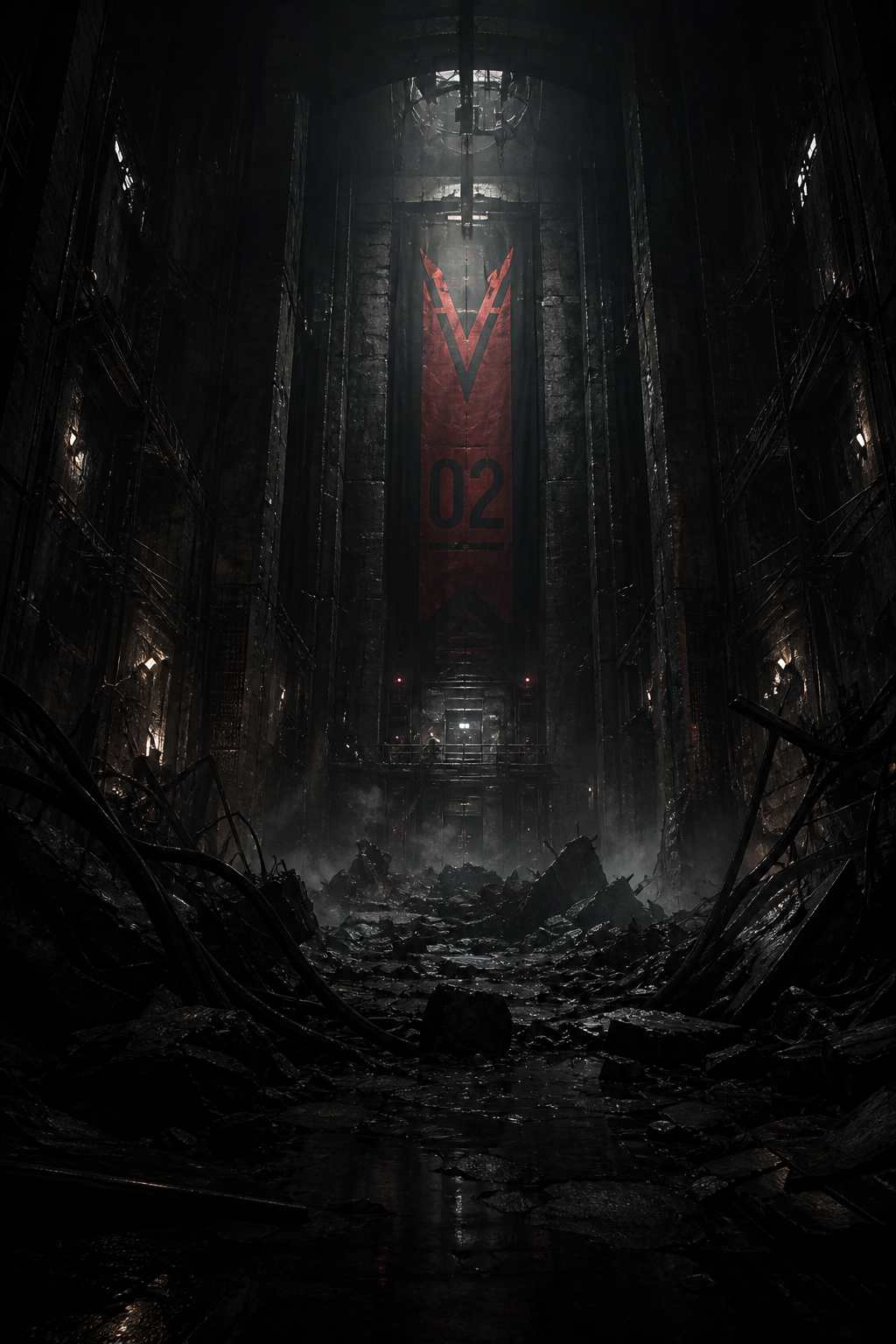The exile fights guards amid the ruins, blade drawn.
