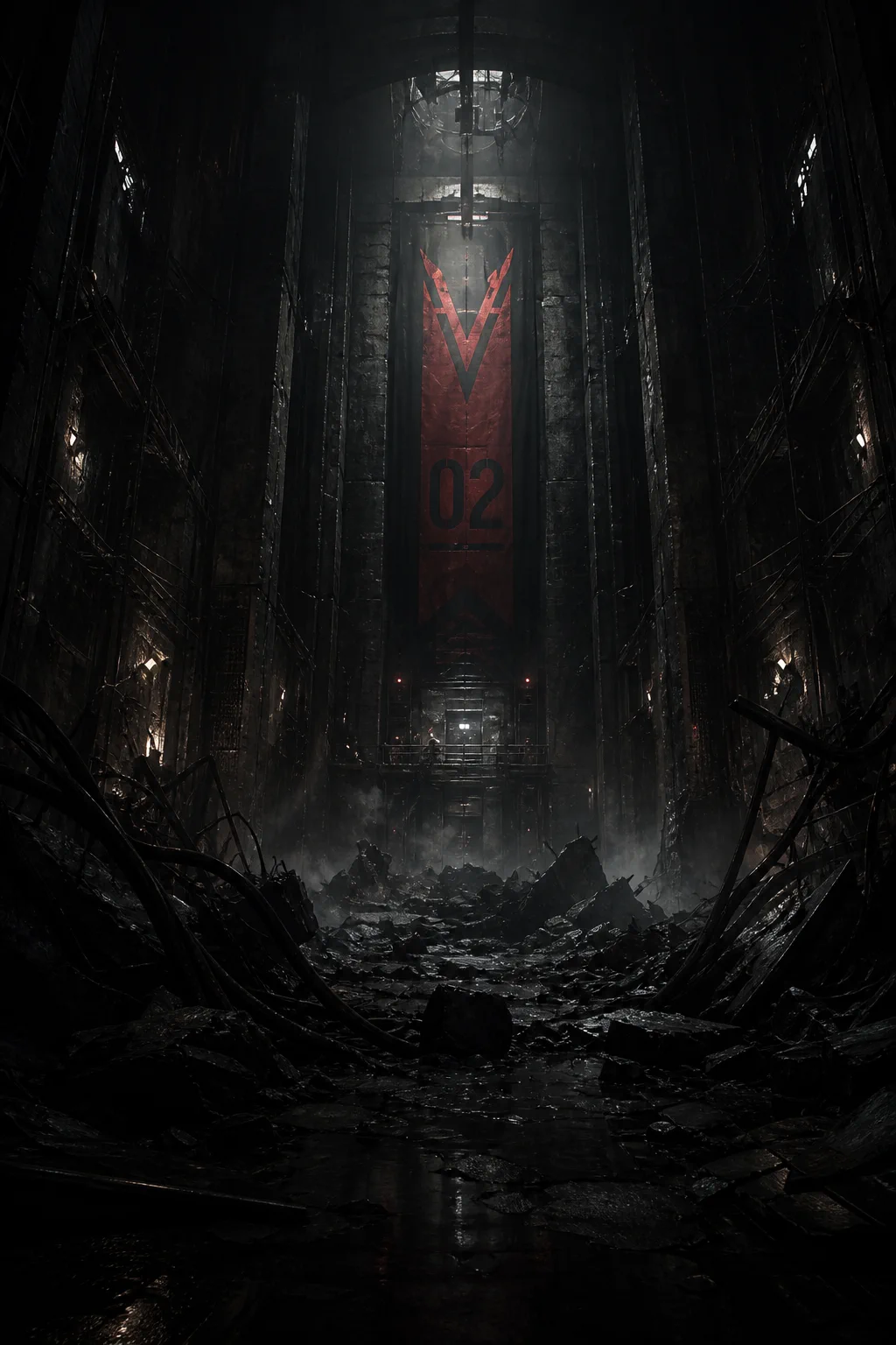 The exile fights guards amid the ruins, blade drawn.