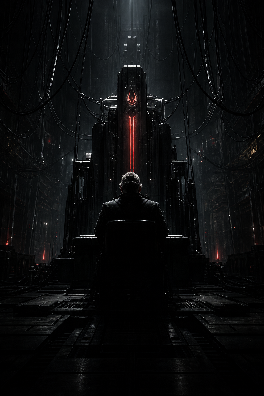 A lone figure stands at the center of the silent neon city.