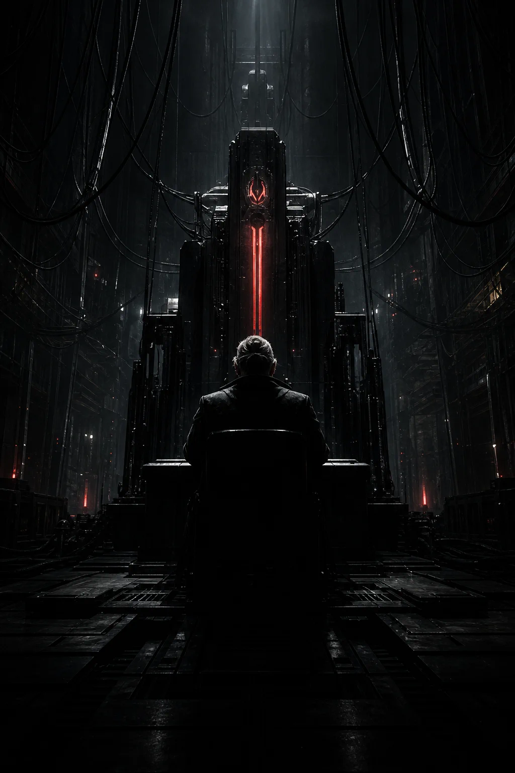 A lone figure stands at the center of the silent neon city.