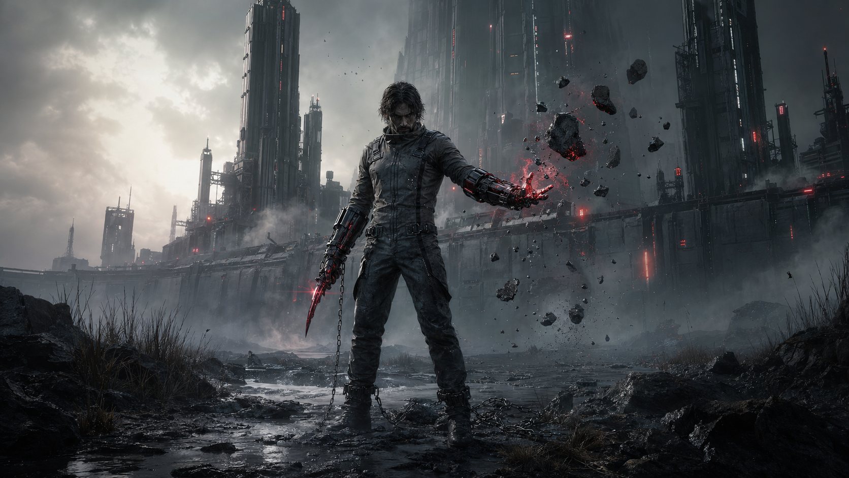 An exile stands in the flooded ruins below the prison, a plasma blade in hand.