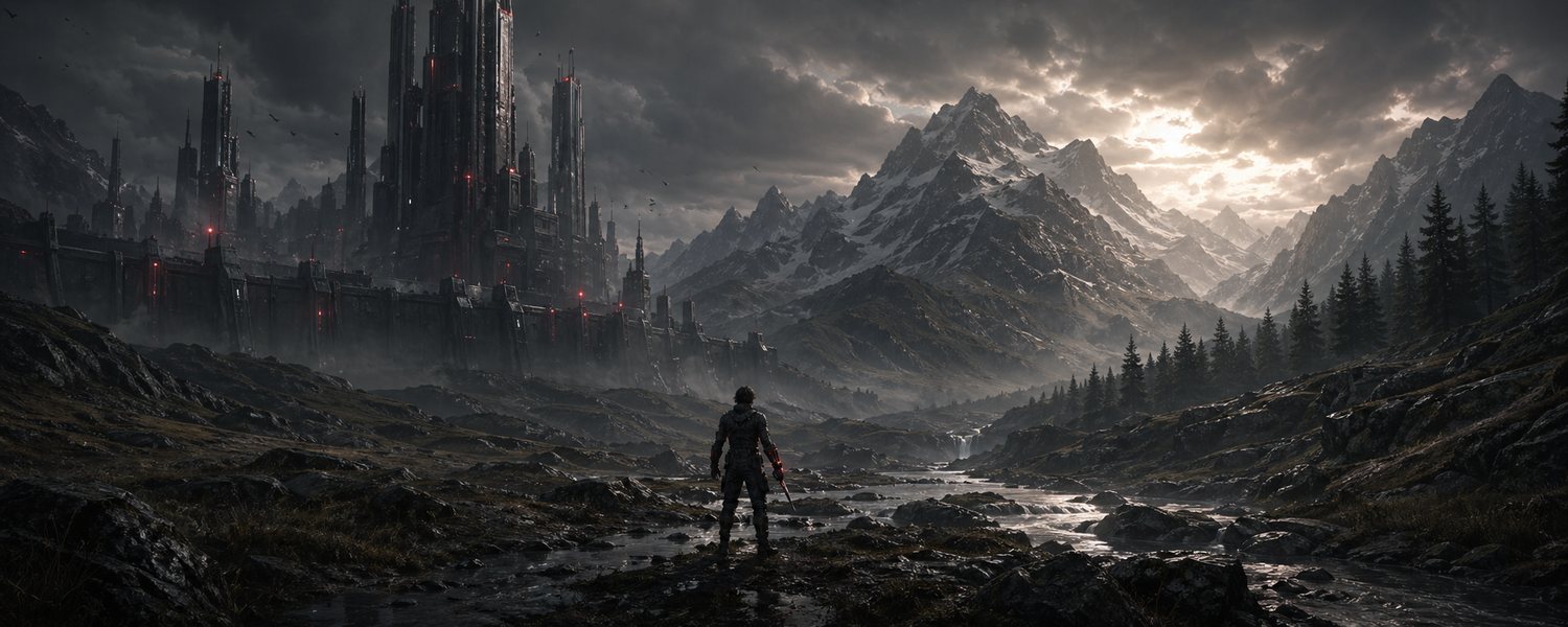 A lone exile overlooks the towers of the city sprawling beneath the mountains.