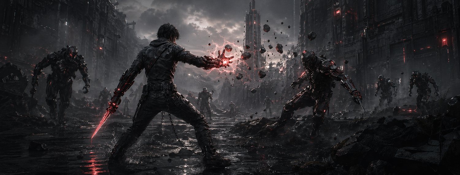 A figure faces armored guards across a ruined experimental floor.