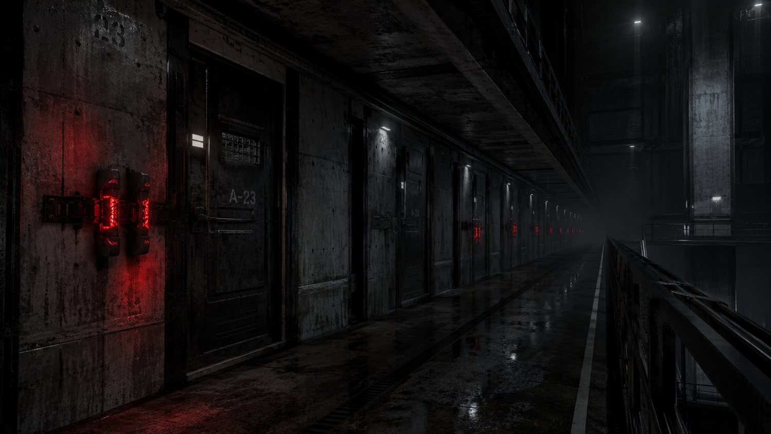A long cell corridor lit by red door panels, vanishing into fog.